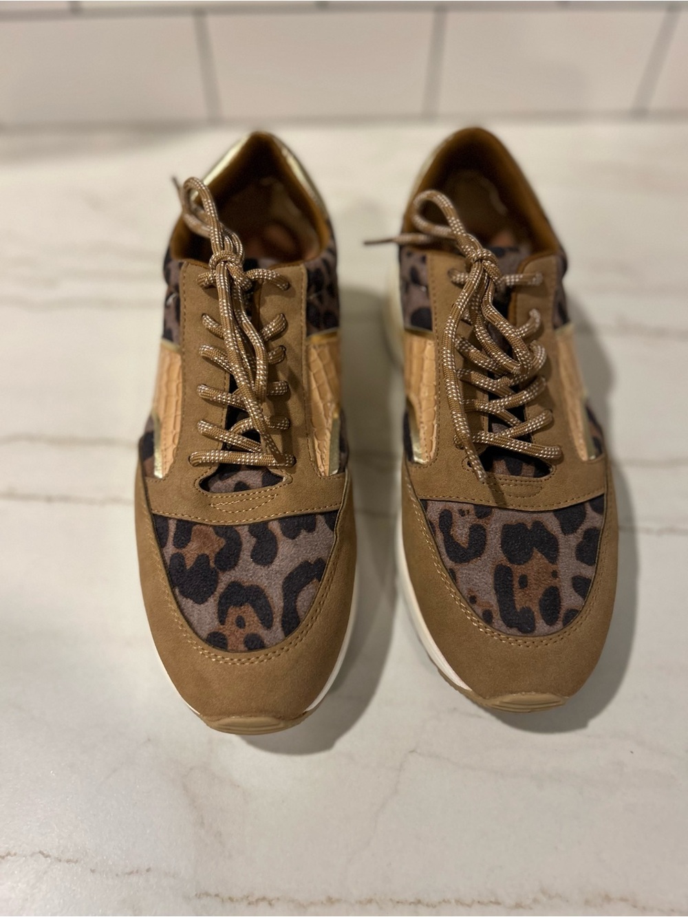 La Strada Leopard Print & Metallic Gold Multi-Panel Fashion Sneakers